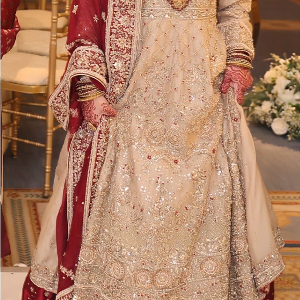 PAKISTANI/ Indian wedding/ reception Cream and Red Embroidered Women's Dress